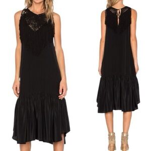 Ulla Johnson Silk Midi Dress Black Fringe Tiered Crochet Yoke Boho Chic Size 2